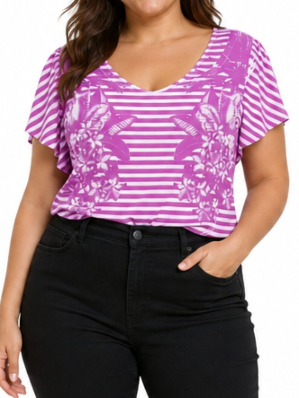 Lane Bryant 14/16 Y2K NWT Girly Sublimated Striped Floral Split Sleeve Blouse